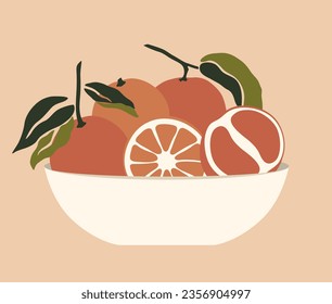 florero de naranjas, pomelo, frutas tropicales, arte de verano boho abstracto de moda, naranja, pomelo aislado ilustración vectorial, impresión de estilo de cottagecore 