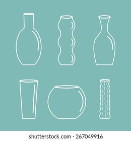 Vase outline icon set Ceramic Pottery Glass Flower decoration Blue background Flat design Vector illustration