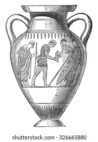 Vase painted with black figures, vintage engraved illustration.