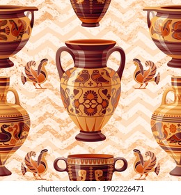 Vase pattern. Greek Pottery Seamless vector background with old clay Pot, Oil Jug, Urn, Amphora, Glass, Jar, Vase. Ancient pattern from Greece. Antique ceramic art. Cartoon ethnic vintage decor