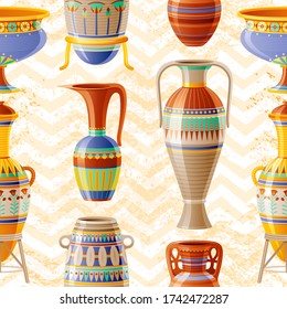 Vase pattern. Pottery Seamless vector background with old clay Pot, Oil Jug, Urn, Amphora, Glass, Jar, Vase. Ancient Egyptian pattern. Antique ceramic art.  Cartoon ethnic vintage decor on zig zag