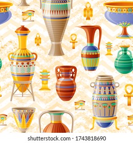 Vase pattern. Pottery Seamless vector background with old clay Pot, Oil Jug, Urn, Amphora, Glass, Jar, Vase. Ancient Egyptian pattern. Antique ceramic art.  Cartoon ethnic vintage decor on zig zag