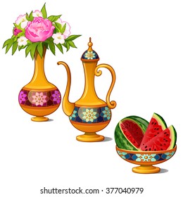 Vase with peonies. Eastern kettle. Sliced watermelon. Vector.