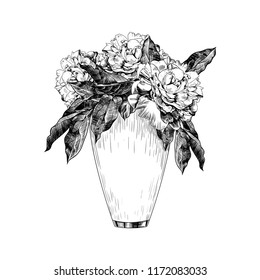 
 Vase with peonies. Hand-drawn vector illustration of a sketch style. Isolated interior elements. Vintage floral composition.
