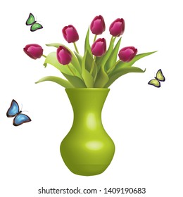 
vase with pink flowers and flowers on a white background are flying butterflies. vector illustration