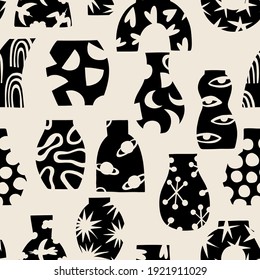 Vase and plant Boho seamless pattern in a minimal mid century modern style. Celestial Vector  design Template with organic grunge texture. For cosmetics, tattoo, Spa, social media
