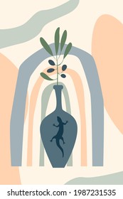 Vase and plant branch. Abstract minimalist boho poster or t shirt design template 