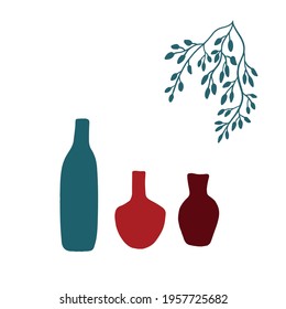 Vase with plant isolated on white background. Trendy boho organic modern style. Contemporary cartoon illustration. Home vintage geometric tropical herb. Natural simple element. Oriental ceramic pot. 
