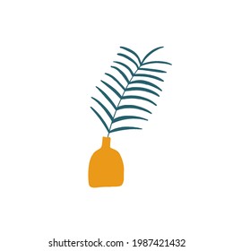 Vase with plant isolated on white background. Trendy boho organic modern style. Contemporary cartoon illustration. Home vintage geometric tropical herb. Natural simple element. Oriental ceramic pot. 