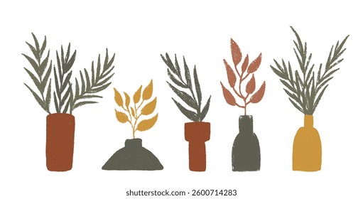Vase with plant silhouette charcoal set. Flowerpot with leaves crayon pack. Vector hand drawn terracotta and sage collection illustration isolated on white background.