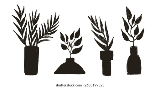 Vase with plant silhouette charcoal set. Flowerpot with leaves crayon pack. Vector hand drawn collection illustration isolated on white background.