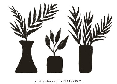 Vase with plant silhouette marker drawn set. Flowerpot with leaves crayon pack. Vector hand drawn collection illustration isolated on white background.