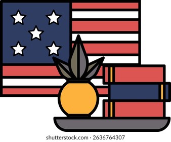 A vase with a plant in it sits on a table next to a red, white, and blue American flag