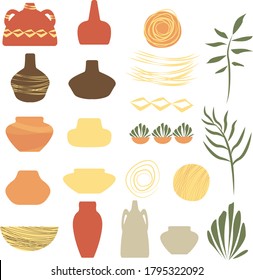 Vase and plants  in terra cotta . Set of elements for decoration.vector illustration