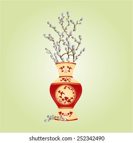 Vase porcelain with branch pussy willow spring easter background vector illustration