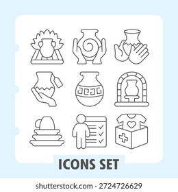 Vase, pottery, dishware simple icons set showcasing everyday objects and symbols in outline style for apps, websites, and print use on white background. Vector graphics. Set of nine thin line icons