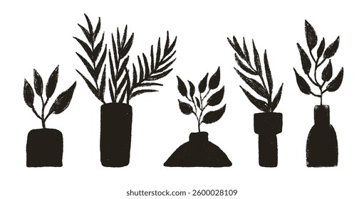 Vase pottery plant silhouette charcoal set. Flowerpot with leaves crayon pack. Vector hand drawn collection illustration isolated on white background.