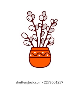 Vase with pussy willow branches on white background