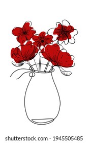 Vase with red flowers in the outline style. Postcard with hand draw bouquet. Greeting card. Print for T-shirts, fabrics, posters, stickers, postcards,packaging, label, poster.