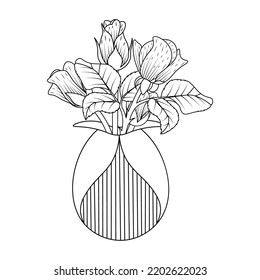 vase of rose flower coloring page element with graphic illustration design with decorative easy sketches. Hand drawn bouquet with roses isolated on white background.  Sketch for antistress