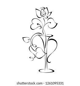 vase with rose flower with leaves in the form of hearts in black lines on a white background