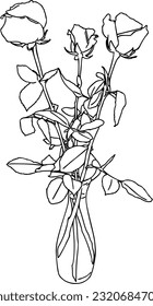 Vase with rose flowers with buds and leaves bouquet doodle linear cartoon coloring