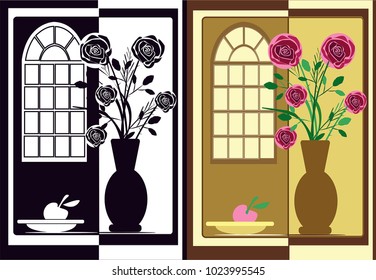 Vase with roses in interior. Vector illustration.