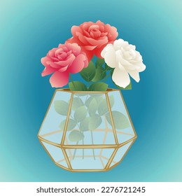 Un jarrón con rosas y hojas en su vector