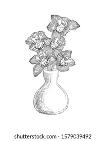 Vase with royal orchid flowers. Linear vector illustration black on white