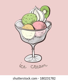 vase with a scoop of ice cream and kiwi