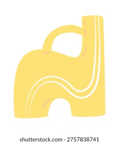 Vase with sculptural asymmetric body and loop handle, smooth curves and groove detail in a modern style. Symbol of decor, home style, balance, and contemporary taste. Cartoon vector illustration.