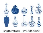 Vase Set. Chinese porcelain vase, ceramic vase, antique blue and white pottery vase with landscape painting. Oriental decorative elements collection of vases for your interior design.