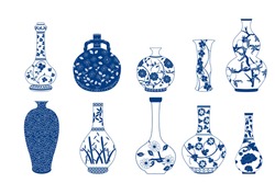 Vase Set. Chinese Porcelain Vase, Ceramic Vase, Antique Blue And White Pottery Vase With Landscape Painting. Oriental Decorative Elements Collection Of Vases For Your Interior Design.