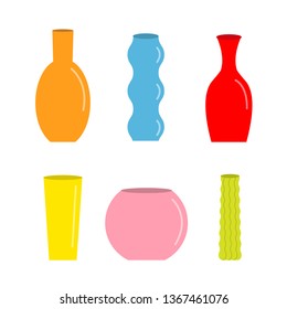 Vase set. Cute colorful icon. Ceramic Pottery Glass Flower decoration template. White background. Isolated. Flat design. Vector illustration