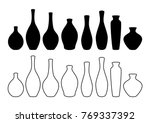 Vase set. Various forms of vases. Home interior decoration. Vector icon collection.
Vases silhouettes of various shapes in thin line style. Vector illustration.
