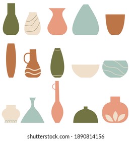 Vase set. Various forms of vases. Boho decor. Mid Century Simple Boho Elements. Ceramic pottery in a minimalistic trendy style.  Vector illusrtration, eps 10
