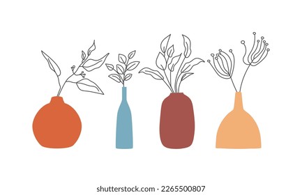 Vase set. Various forms of vases. Home interior decoration. Vector icon collection. Vases silhouettes of various shapes in thin line style. Vector illustration.