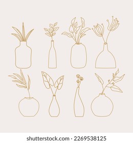 Vase set. Various forms of vases. Home interior decoration. Vector icon collection. Vases silhouettes of various shapes in thin line style. Vector illustration.