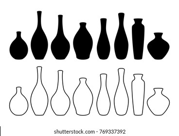 Vase set. Various forms of vases. Home interior decoration. Vector icon collection.
Vases silhouettes of various shapes in thin line style. Vector illustration.
