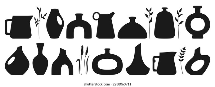 Vase shape and ceramic pot, jug or jar bottles silhouette set. Cozy home decor handmade boho pottery form and branch leaves. Antique various vases, hand drawn vessel. Trendy art concept vector