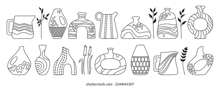 Vase shape and ceramic pot, jug or jar bottles linear doodle set. Cozy home decor handmade boho outline pottery and branch leaves. Antique various vases, hand drawn contour vessel. Trendy vector