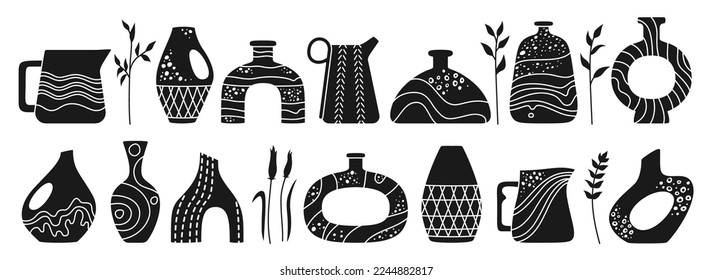 Vase shape and ceramic pot, jug or jar bottles doodle stamp set. Cozy home decor handmade boho engraving pottery form. Antique various vases stencil, hand drawn vessel. Trendy art concept vector