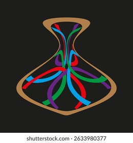 Forma de vaso. Fitas abstratas multicoloridas. Fundo preto vetorial. Simetria orgânica curva.