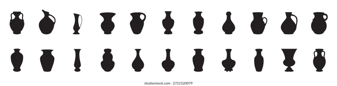 Vector de la silueta del florero aislado en el fondo blanco Icono de las ollas y de los floreros en los fondos blancos y negros del Vector, Ilustración vectorial.