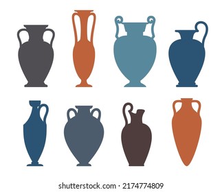 Vase-Silhouetten-Set. Verschiedene antike Keramikvasen und -gefäße. Verschiedene Formen und Formen von alten griechischen Gläsern und Amphoren. Töpferei von Kaischiffen. Vektorgrafik