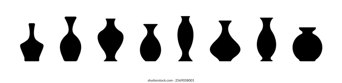 Vase Silhouettes. Set of different vases. Vase shapes vector illustration. Black vase icons