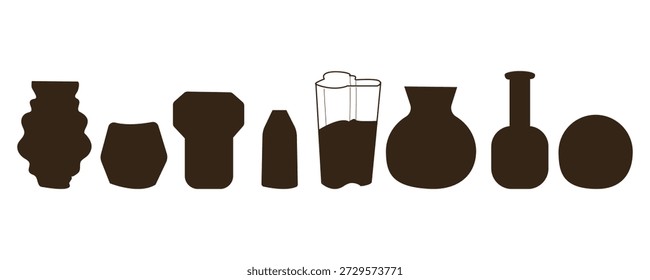 Silhuetas De Vaso. Conjunto de diferentes vasos. Ilustração de vetor de formas de vasos. Ícones de vaso pretos isolam sobre fundo branco , desenho à mão estilo plana ilustração .