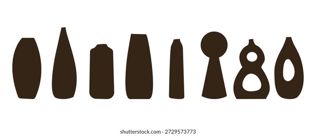 Silhuetas De Vaso. Conjunto de diferentes vasos. Ilustração de vetor de formas de vasos. Ícones de vaso pretos isolam sobre fundo branco , desenho à mão estilo plana ilustração .