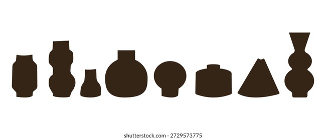 Silhuetas De Vaso. Conjunto de diferentes vasos. Ilustração de vetor de formas de vasos. Ícones de vaso pretos isolam sobre fundo branco , desenho à mão estilo plana ilustração .