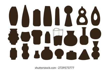 Silhuetas De Vaso. Conjunto de diferentes vasos. Ilustração de vetor de formas de vasos. Ícones de vaso pretos isolam sobre fundo branco , desenho à mão estilo plana ilustração .